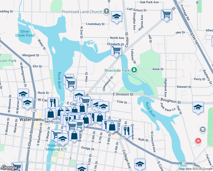 map of restaurants, bars, coffee shops, grocery stores, and more near 501 Hancock Street in Watertown