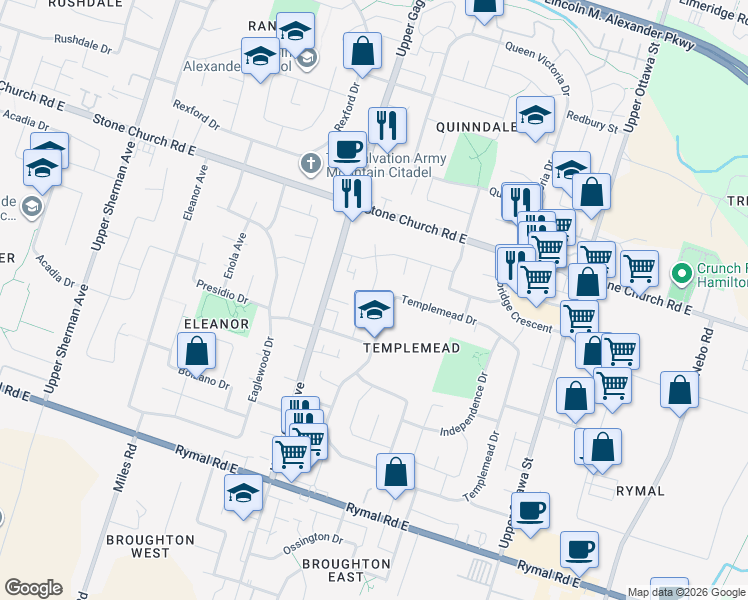 map of restaurants, bars, coffee shops, grocery stores, and more near 61 Rita Avenue in Hamilton