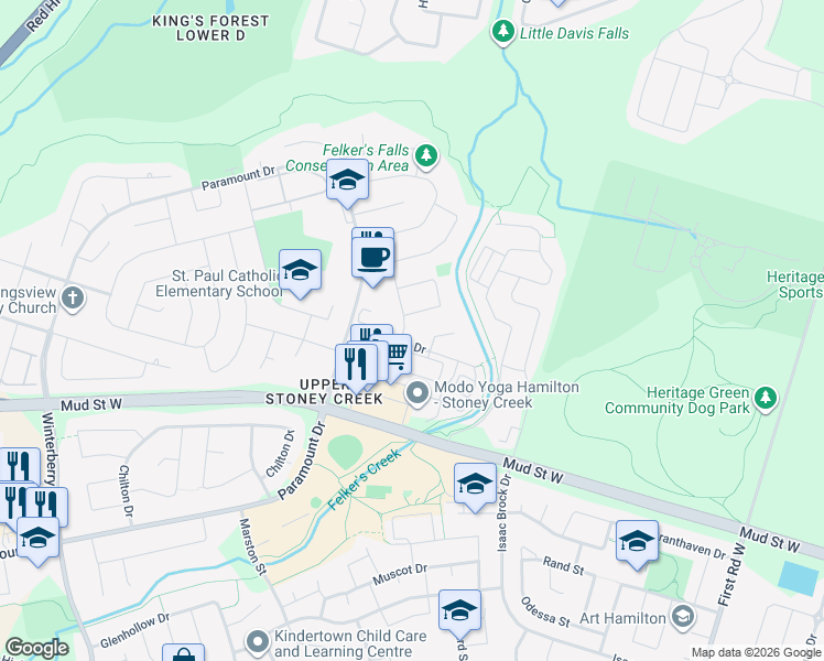 map of restaurants, bars, coffee shops, grocery stores, and more near 55 Silvervine Drive in Hamilton