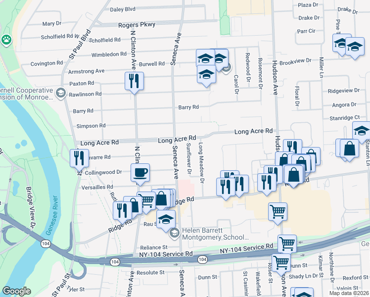 map of restaurants, bars, coffee shops, grocery stores, and more near 85 Sunflower Drive in Rochester