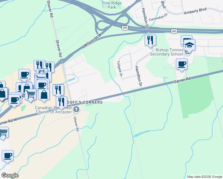map of restaurants, bars, coffee shops, grocery stores, and more near 515 Garner Road West in Hamilton