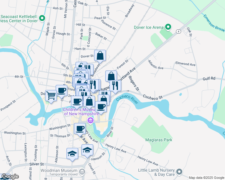 map of restaurants, bars, coffee shops, grocery stores, and more near 57 Portland Avenue in Dover