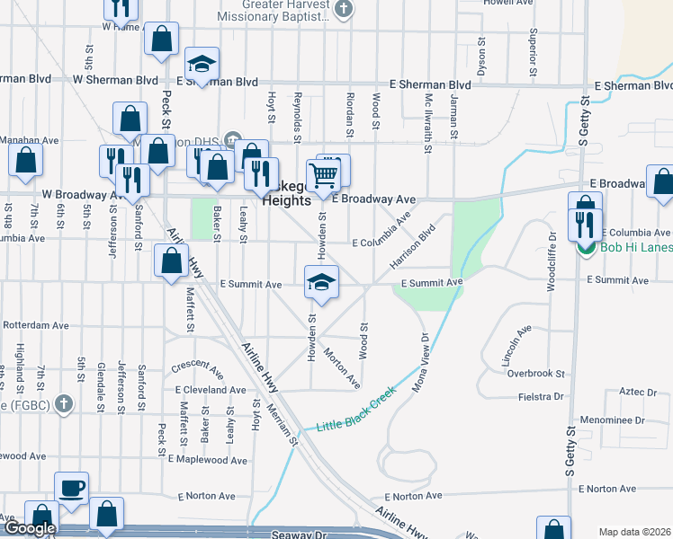 map of restaurants, bars, coffee shops, grocery stores, and more near 2925 Mason Boulevard in Muskegon Heights