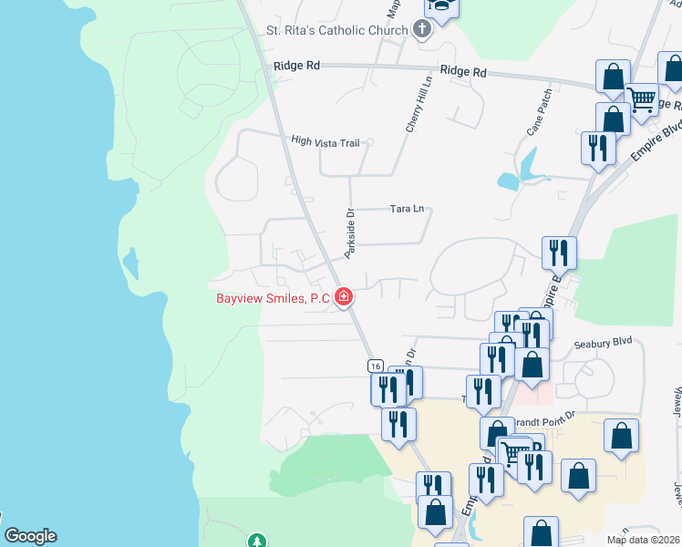 map of restaurants, bars, coffee shops, grocery stores, and more near 1126 Bay Road in Webster