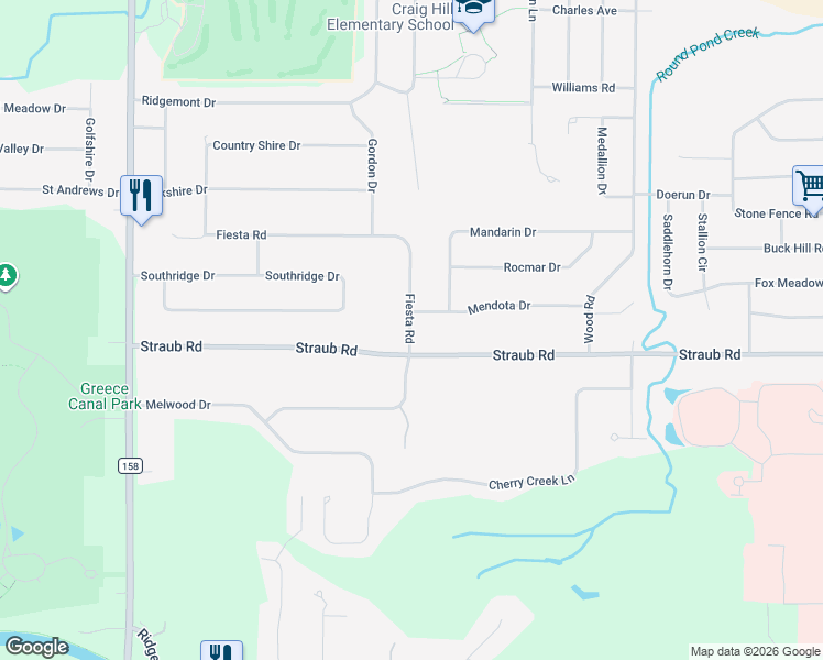 map of restaurants, bars, coffee shops, grocery stores, and more near 42 Fiesta Road in Rochester