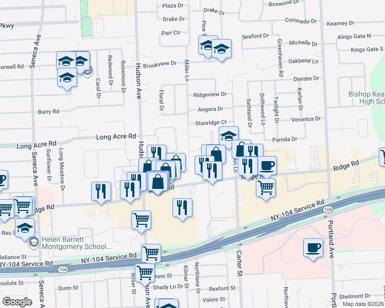 map of restaurants, bars, coffee shops, grocery stores, and more near 90 Miller Lane in Irondequoit