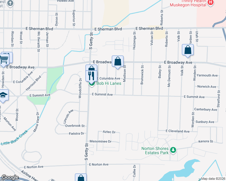 map of restaurants, bars, coffee shops, grocery stores, and more near 2975 Valley Street in Norton Shores