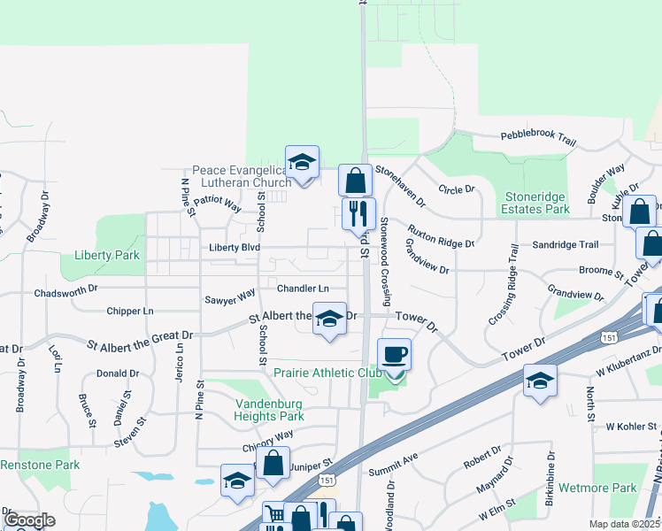 map of restaurants, bars, coffee shops, grocery stores, and more near 881 Liberty Boulevard in Sun Prairie