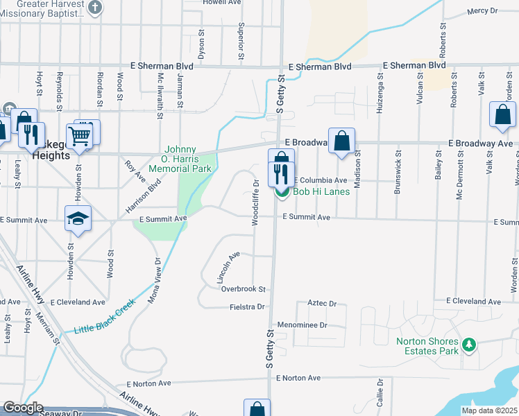 map of restaurants, bars, coffee shops, grocery stores, and more near 2974 Woodcliffe Drive in Muskegon Heights