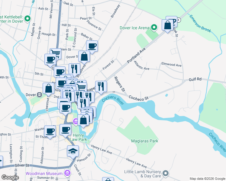 map of restaurants, bars, coffee shops, grocery stores, and more near 46-50 Cocheco Park in Dover