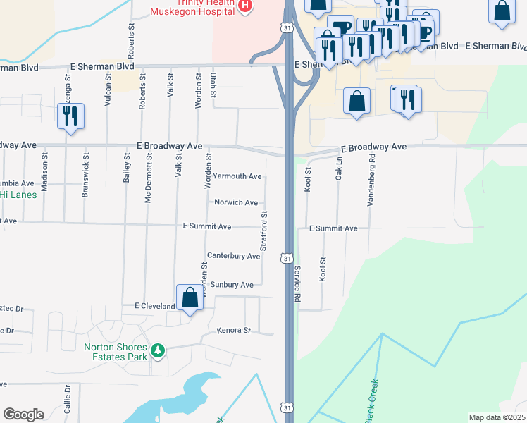 map of restaurants, bars, coffee shops, grocery stores, and more near 2962 Stratford Street in Norton Shores