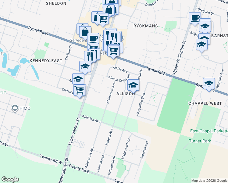 map of restaurants, bars, coffee shops, grocery stores, and more near 83 Aldercrest Avenue in Hamilton