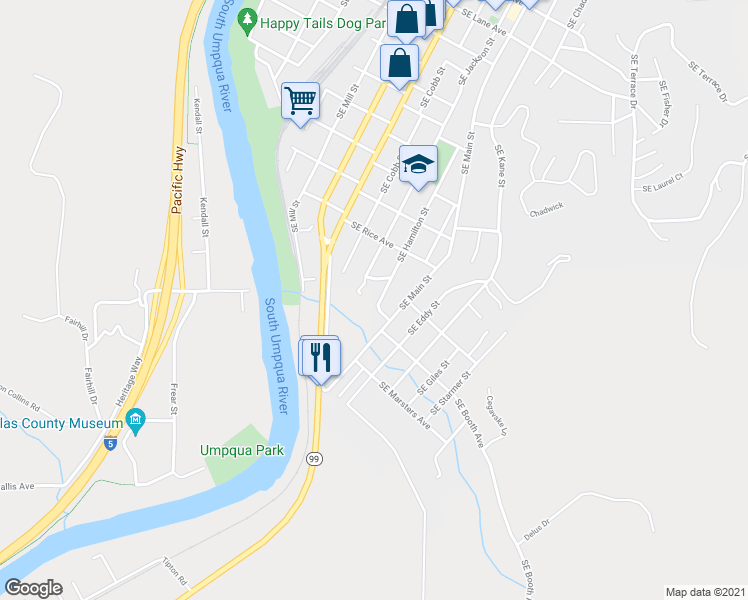 map of restaurants, bars, coffee shops, grocery stores, and more near 1742 Southeast Hamilton Street in Roseburg