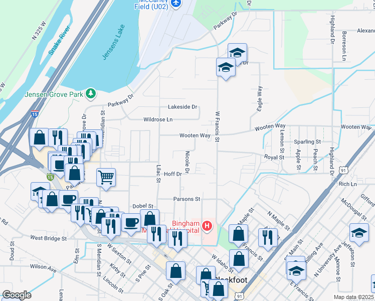 map of restaurants, bars, coffee shops, grocery stores, and more near 598 Nicole Drive in Blackfoot