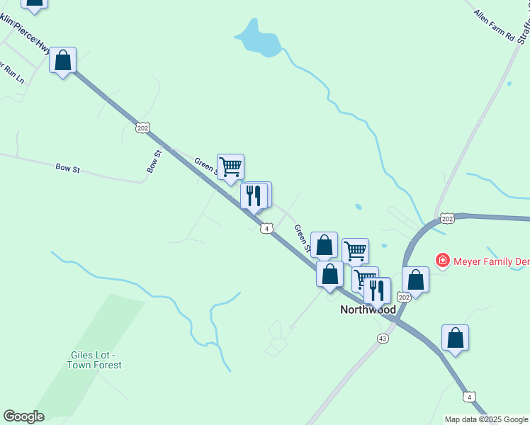 map of restaurants, bars, coffee shops, grocery stores, and more near 258 1st New Hampshire Turnpike in Northwood