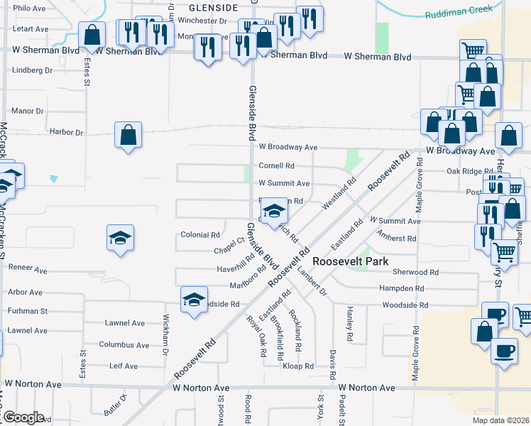 map of restaurants, bars, coffee shops, grocery stores, and more near 1350 Greenwich Road in Muskegon