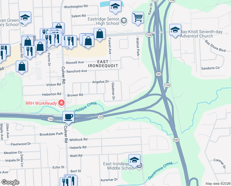 map of restaurants, bars, coffee shops, grocery stores, and more near 34 Gladmar Drive in Rochester