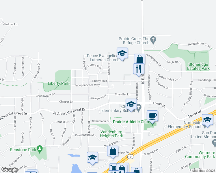 map of restaurants, bars, coffee shops, grocery stores, and more near 1233 School Street in Sun Prairie