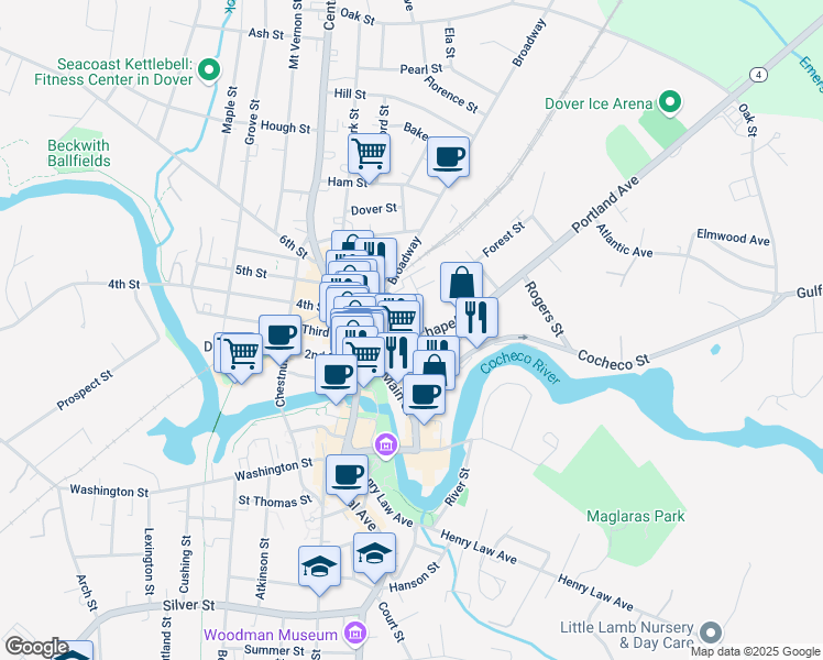 map of restaurants, bars, coffee shops, grocery stores, and more near 18 Chapel Street in Dover