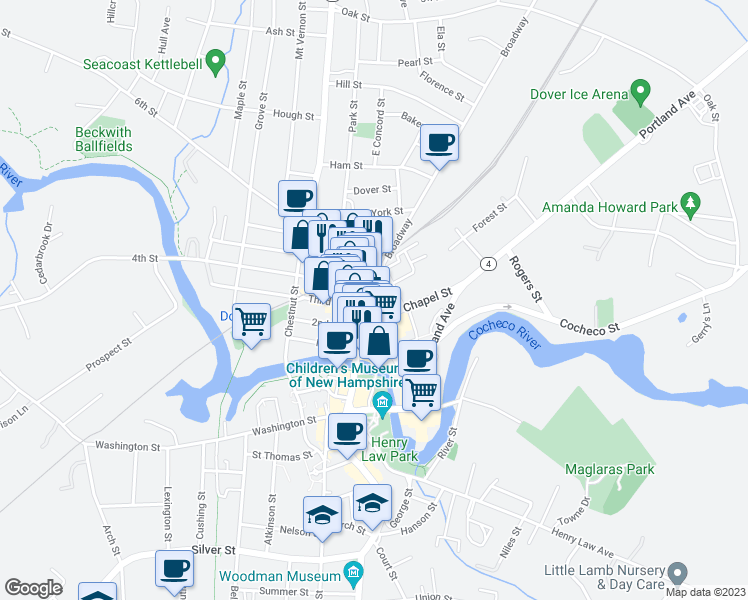 map of restaurants, bars, coffee shops, grocery stores, and more near 481 Central Avenue in Dover
