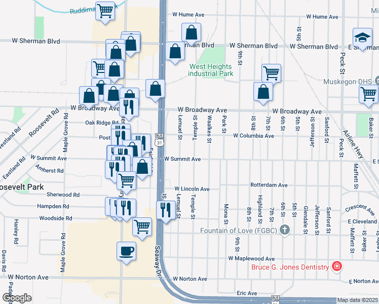 map of restaurants, bars, coffee shops, grocery stores, and more near 2929 Temple Street in Muskegon Heights