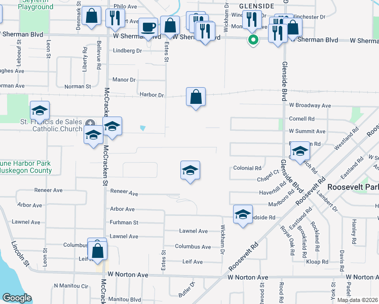 map of restaurants, bars, coffee shops, grocery stores, and more near 1705 Bonneville Drive in Norton Shores