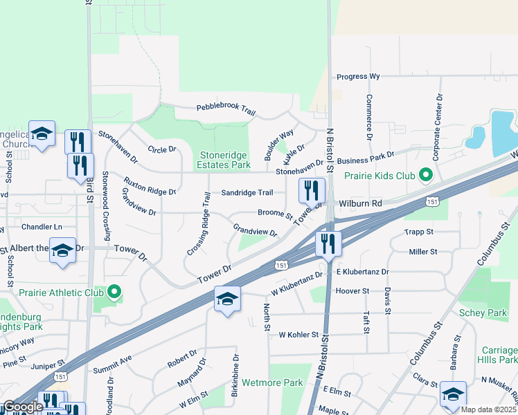 map of restaurants, bars, coffee shops, grocery stores, and more near 160 Broome Street in Sun Prairie