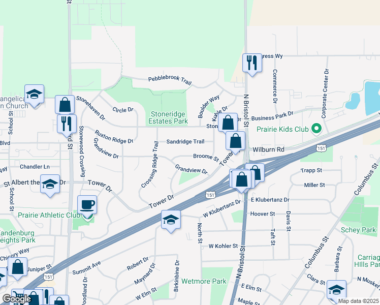map of restaurants, bars, coffee shops, grocery stores, and more near 160 Broome Street in Sun Prairie