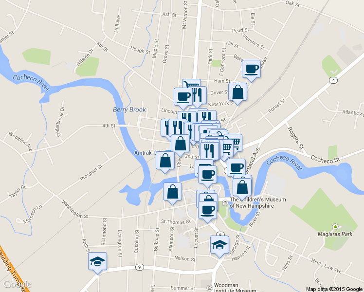 map of restaurants, bars, coffee shops, grocery stores, and more near 15 Third Street in Dover