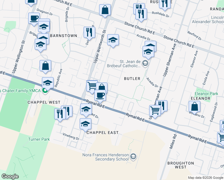 map of restaurants, bars, coffee shops, grocery stores, and more near 816 Acadia Drive in Hamilton