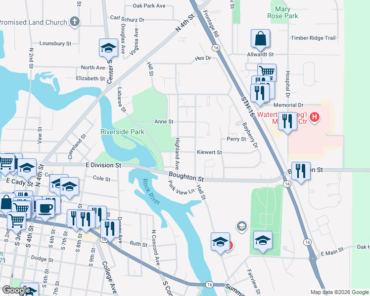 map of restaurants, bars, coffee shops, grocery stores, and more near 701 Highland Avenue in Watertown