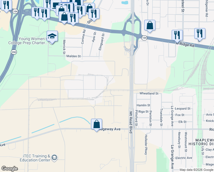 map of restaurants, bars, coffee shops, grocery stores, and more near Kodak 26 Road in Rochester