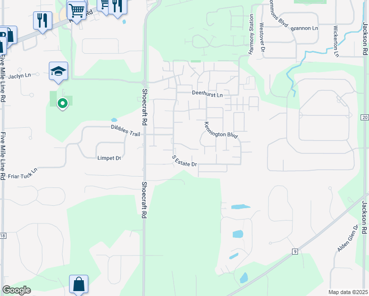 map of restaurants, bars, coffee shops, grocery stores, and more near 14 Huntsman Way in Webster