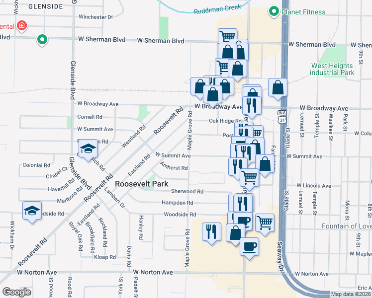 map of restaurants, bars, coffee shops, grocery stores, and more near 2978 Maple Grove Road in Muskegon