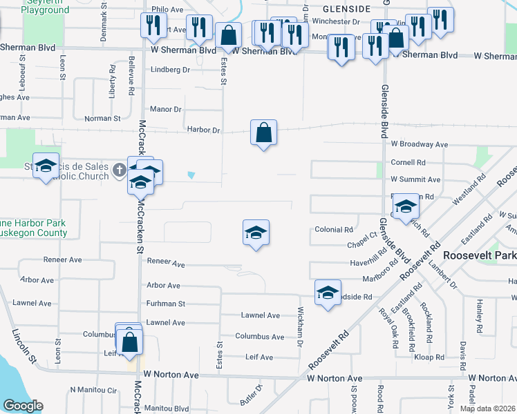 map of restaurants, bars, coffee shops, grocery stores, and more near 1705 Bonneville Drive in Norton Shores