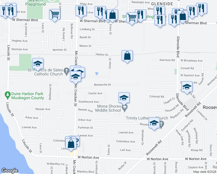 map of restaurants, bars, coffee shops, grocery stores, and more near 1807 Bonneville Drive in Norton Shores