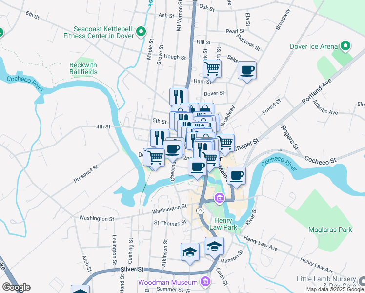 map of restaurants, bars, coffee shops, grocery stores, and more near 15 Third Street in Dover