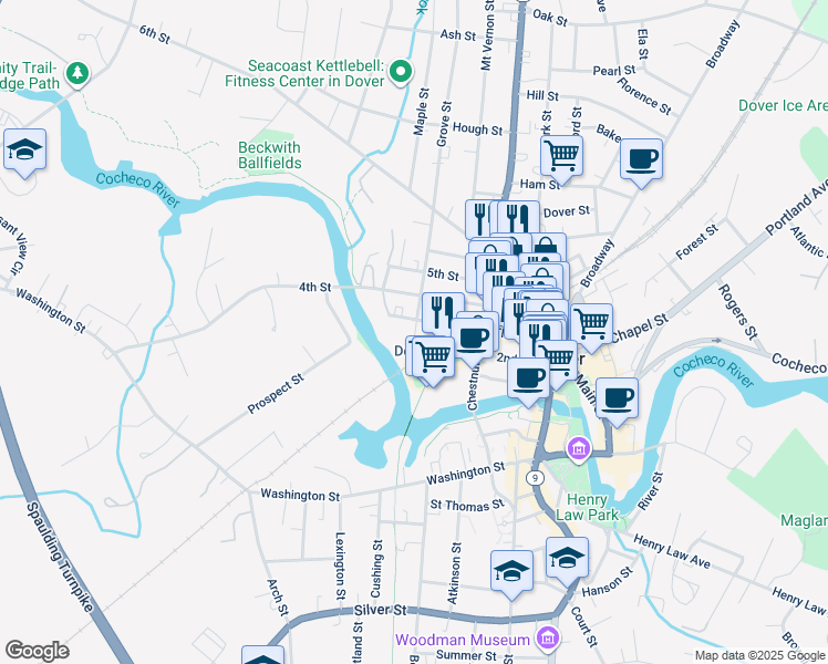 map of restaurants, bars, coffee shops, grocery stores, and more near 4 Grove Street in Dover
