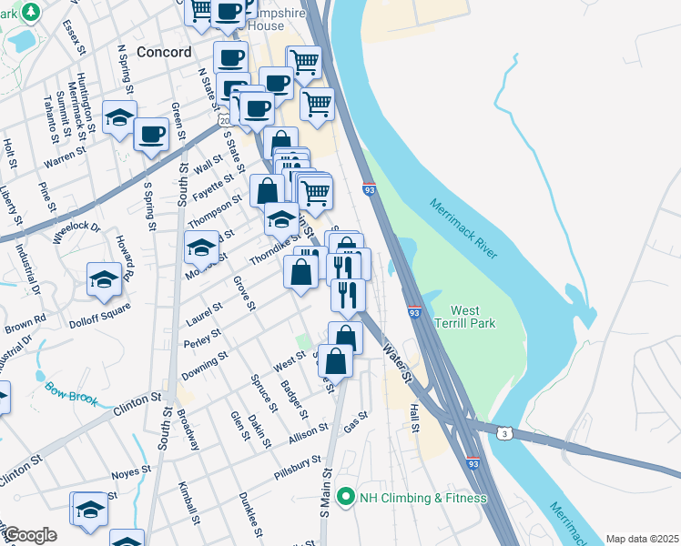 map of restaurants, bars, coffee shops, grocery stores, and more near 74-76 South Main Street in Concord