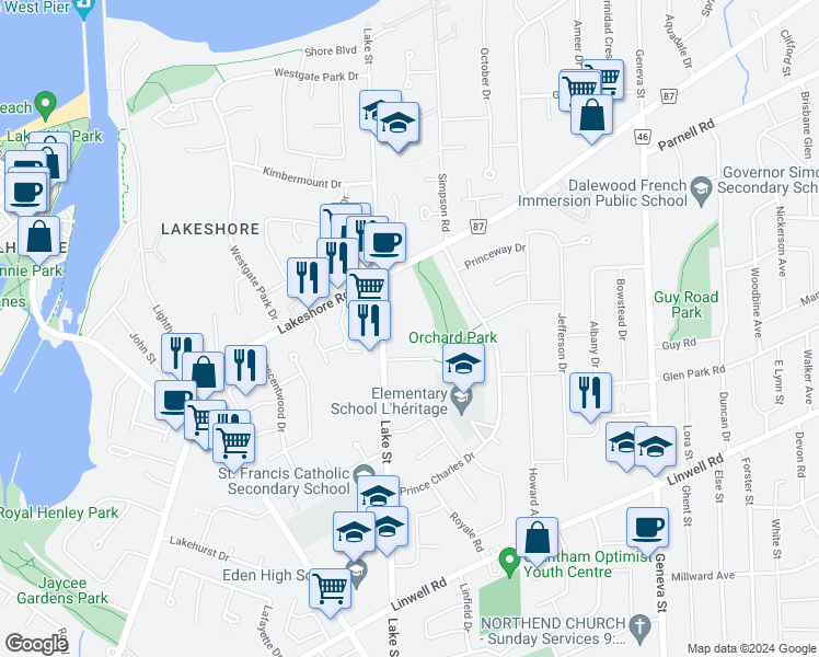 map of restaurants, bars, coffee shops, grocery stores, and more near 25 Prince Paul Crescent in St. Catharines