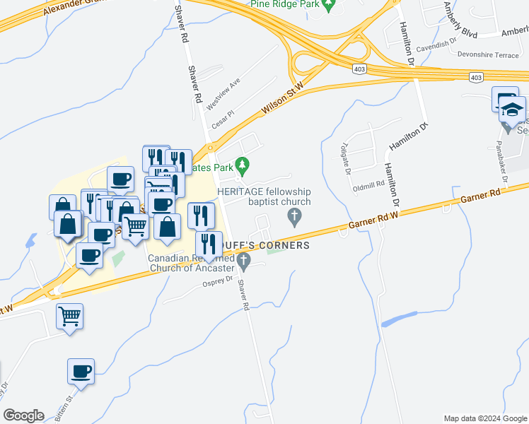 map of restaurants, bars, coffee shops, grocery stores, and more near in Hamilton