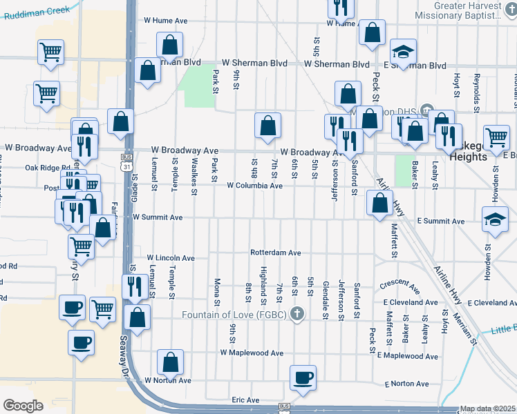 map of restaurants, bars, coffee shops, grocery stores, and more near 2929 7th Street in Muskegon Heights