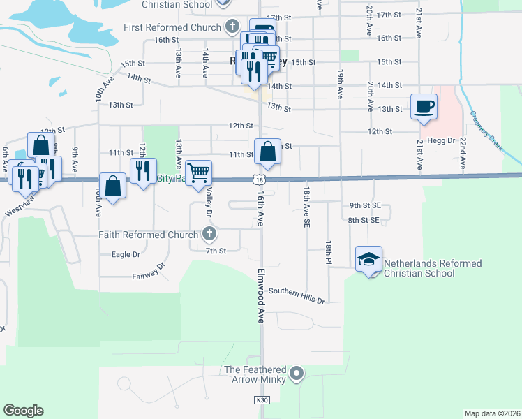 map of restaurants, bars, coffee shops, grocery stores, and more near 899 16th Avenue in Rock Valley