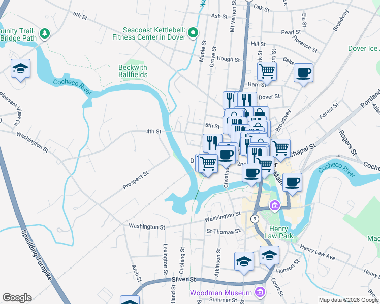 map of restaurants, bars, coffee shops, grocery stores, and more near 4 Grove Street in Dover