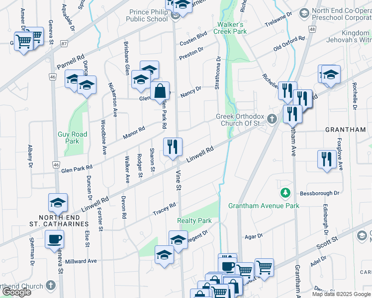map of restaurants, bars, coffee shops, grocery stores, and more near 6 Sunnyside Drive in Saint Catharines