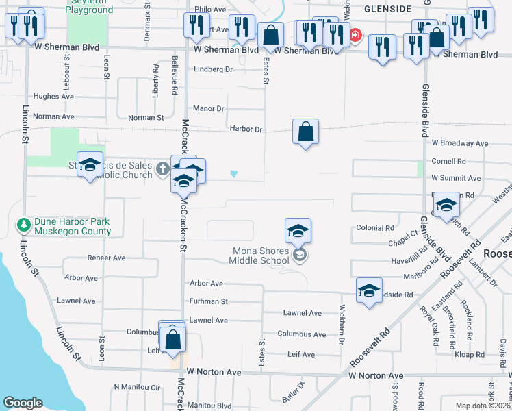 map of restaurants, bars, coffee shops, grocery stores, and more near 1819 Bonneville Drive in Norton Shores