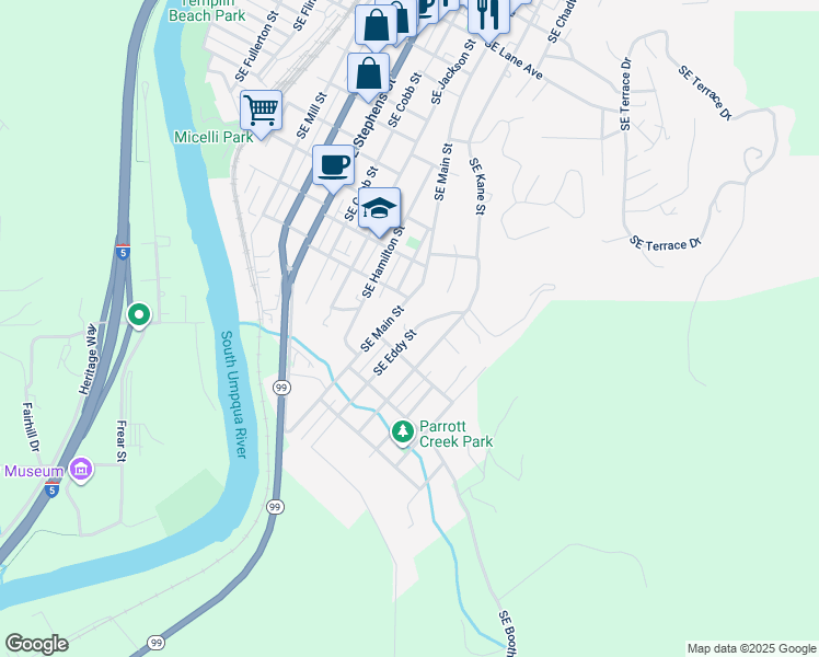 map of restaurants, bars, coffee shops, grocery stores, and more near 1628 Southeast Eddy Street in Roseburg