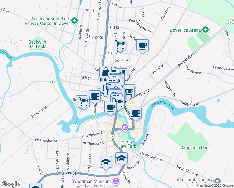 map of restaurants, bars, coffee shops, grocery stores, and more near in Dover