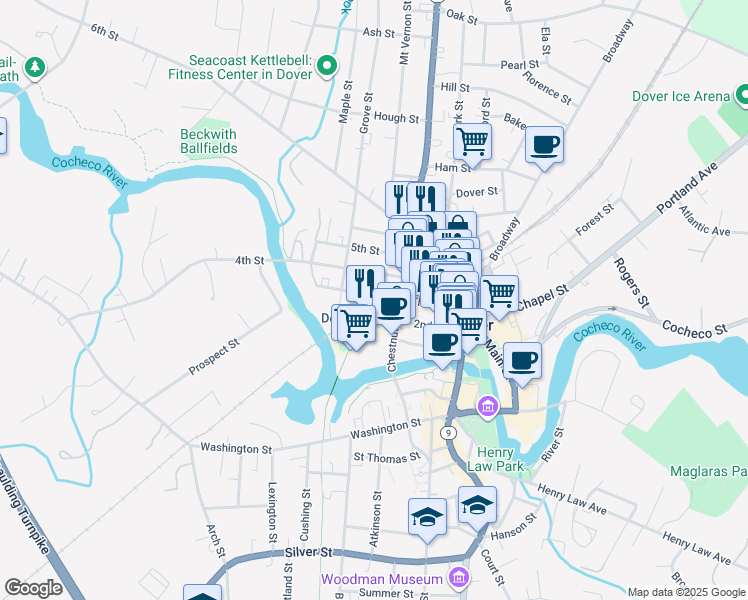map of restaurants, bars, coffee shops, grocery stores, and more near 66 Third Street in Dover
