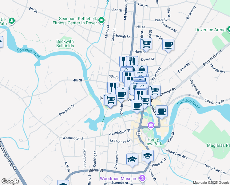 map of restaurants, bars, coffee shops, grocery stores, and more near 66 Third Street in Dover